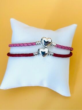 Pink and Red leather Bracelet Set Silver plated Heart clasp